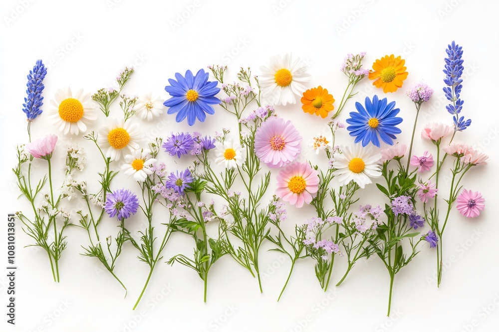 Fototapeta premium Vibrant and cheerful floral display: colorful wildflowers arranged on a white background