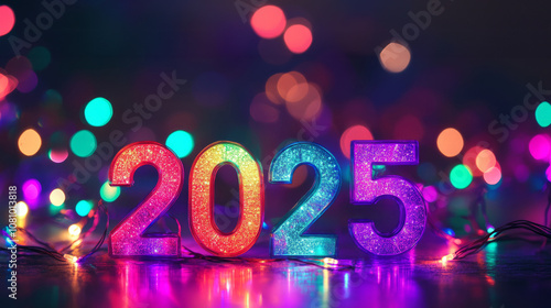 Vibrant rainbow colored 2025 with twinkling lights for a cheerful New Year celebration backdrop