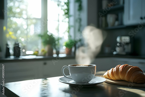 A steaming cup of coffee sits on a table next to a buttery croissant in sunlight