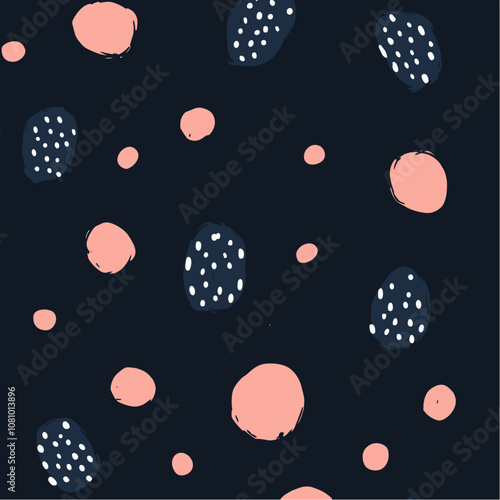 Playful aesthetic with hand-drawn polka dot pattern on dark blue base featuring oversized black and small pink dots trendy design wallpaper textile pattern card vector illustration