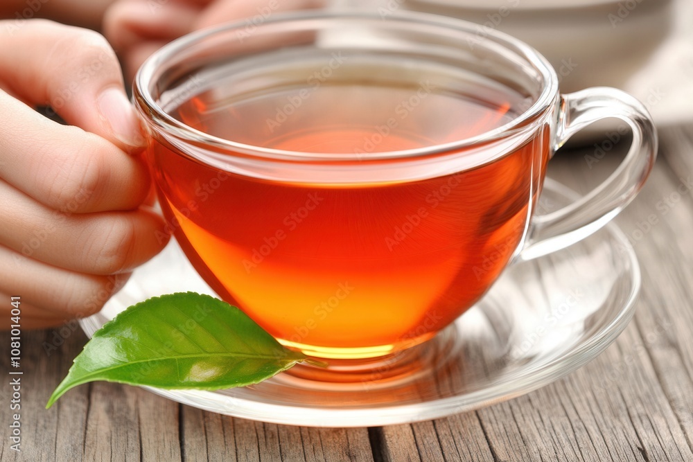 Relaxing cup of herbal tea with fresh green leaf on wooden table Relaxing cup of herbal tea with fresh green leaf on wooden table