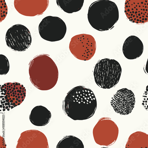 Trendy pattern hand-drawn polka dot print on white backdrop in black and deep red bold design wallpaper textile vector illustration card