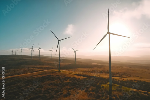 Wind turbines stretch across a hilly landscape, capturing the golden light of sunset