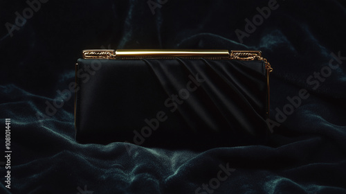 Black satin clutch with gold accents on dark fabric background photo