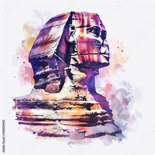 A watercolor of the Great Sphinx of Giza, isolated on a white background. Great Sphinx of Giza vector.