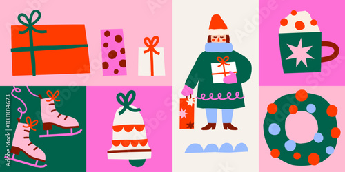 Cute cutout style Christmas banner. Hand drawn simple retro holidays vector illustration set with gifts, ice skate, wreath, woman, bell, coffee