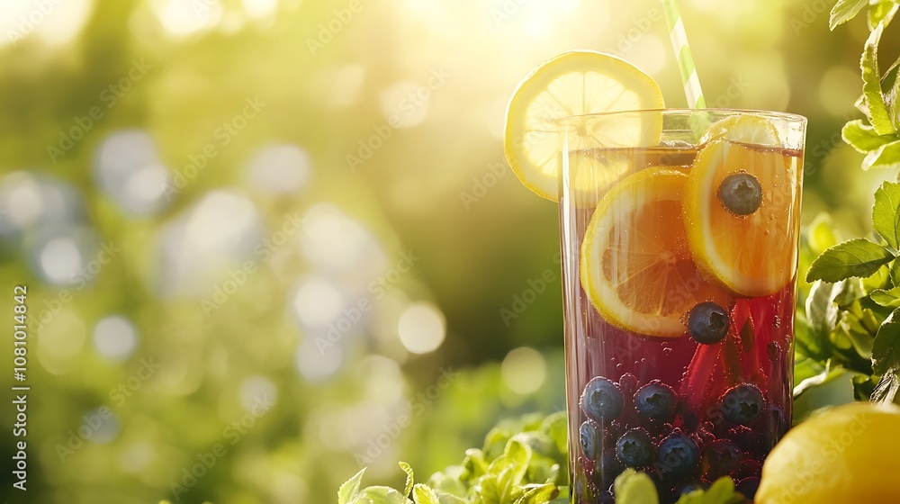 A glass of refreshing blueberry lemonade with lemon slices, in a sunny summer garden A glass of refreshing blueberry lemonade with lemon slices, in a sunny summer garden