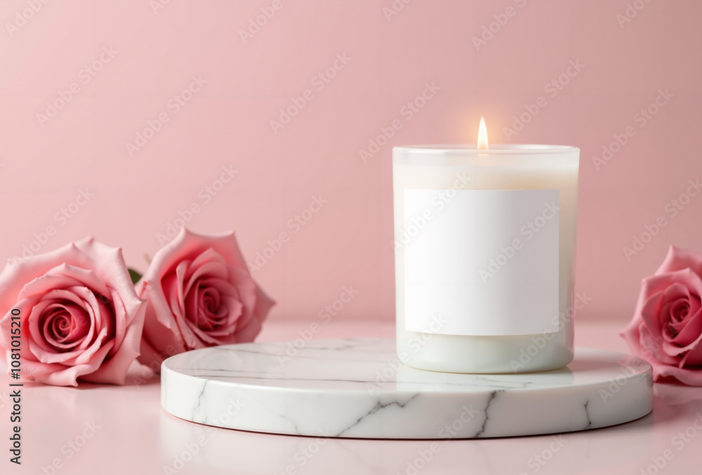 Soft candlelight with pink roses on a marble platform, creating a delicate romantic ambiance with gentle floral accents and a smooth pink background. Suitable for Valentine's Day or romantic theme Soft candlelight with pink roses on a marble platform, creating a delicate romantic ambiance with gentle floral accents and a smooth pink background. Suitable for Valentine's Day or romantic theme