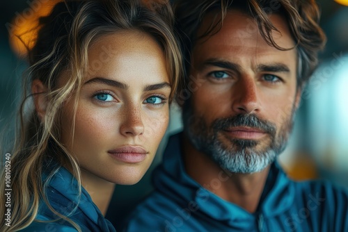 A confident man and woman gaze intently in a serene indoor portrait