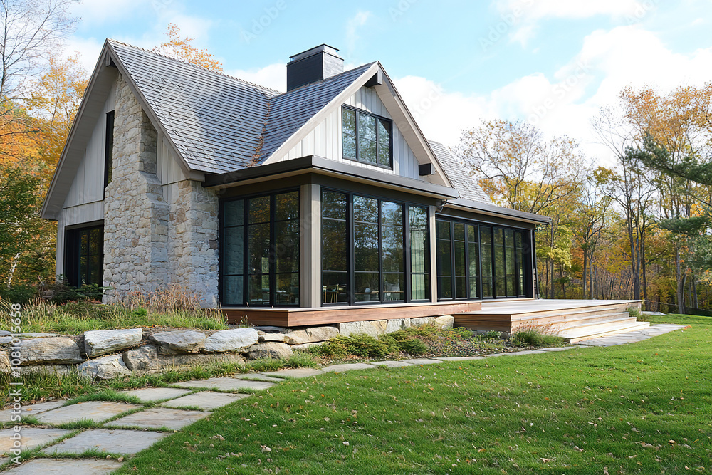 A stone and wood house with large glass windows, set in the countryside of New England on an autumn day. The front facade features black steel windows, white stucco walls,a shingle roof,a wooden porch A stone and wood house with large glass windows, set in the countryside of New England on an autumn day. The front facade features black steel windows, white stucco walls,a shingle roof,a wooden porch