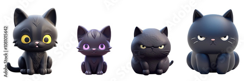 Black cat, 3D cartoon, clay art for decoration on a transparent background PNG.