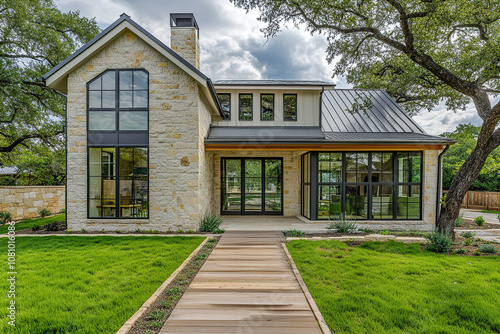 A beautiful, modern farmhouse in Austin, Texas, with large windows and lots of natural light. The house has tan stone exterior walls and black steel roof lines.