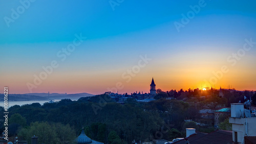 Sunrise at the Istanbul from top with Bosphorus Bridge and Topkapi Palace Museum timelapse - Istanbul - Turkey photo