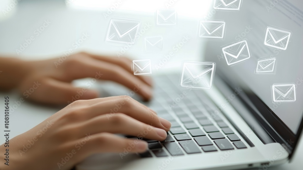 Hands typing on laptop keyboard with email icons appearing on the screen, suggesting communication, marketing, and social media activity in a modern office setting Hands typing on laptop keyboard with email icons appearing on the screen, suggesting communication, marketing, and social media activity in a modern office setting