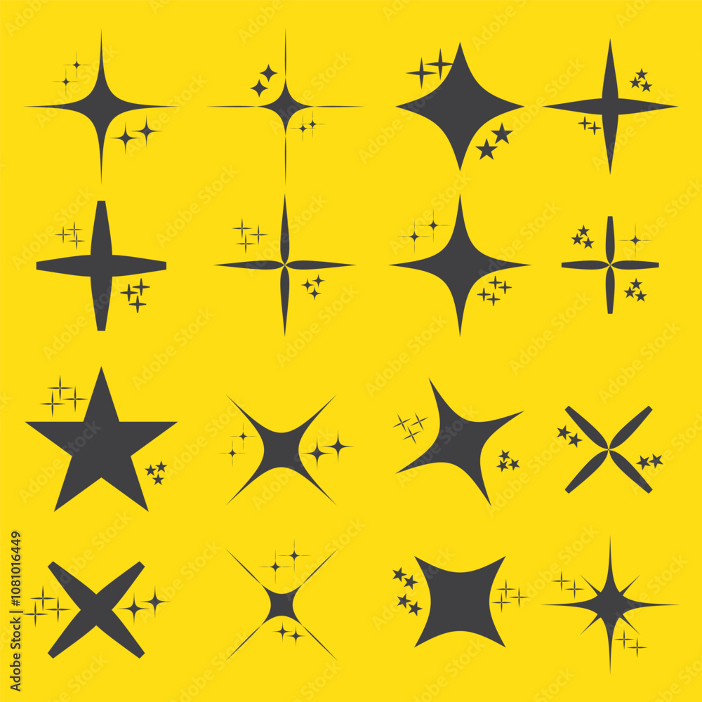 Star sparkle and twinkle. Star burst, flash stars. Isolated vector starburst icons, black silhouettes, shining lights and sparks of bright glowing rays and flare effect. Magic glint, shiny glitter. Star sparkle and twinkle. Star burst, flash stars. Isolated vector starburst icons, black silhouettes, shining lights and sparks of bright glowing rays and flare effect. Magic glint, shiny glitter.