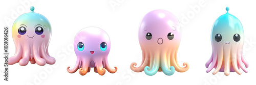 Octopus 3D collection cartoon cute pastel colors various breeds on a transparent background PNG.