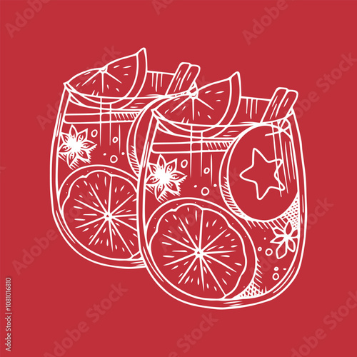 Two glasses of Apple Cider with Cinnamon and Anise design. Hand drawing of hot cider. Christmas drink design with cinnamon and anise
