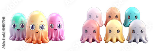 Squid family pastel colors 3D cartoon style on a transparent background PNG.