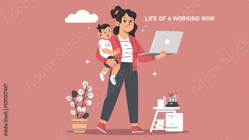A vector illustration life of working mom with a toddler in one arm and a laptop in the other.
