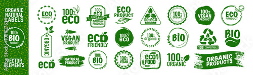 Ecology, bio, organic logos and icon, label. Fresh eco vegetarian products, vegan label and healthy foods badges vector set