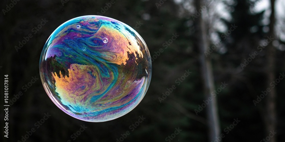 Iridescent soap bubble suspended in mid-air against a dark background, with swirling colors reminiscent of nebulae and planetary bodies, space, macro photography, surrealism Iridescent soap bubble suspended in mid-air against a dark background, with swirling colors reminiscent of nebulae and planetary bodies, space, macro photography, surrealism