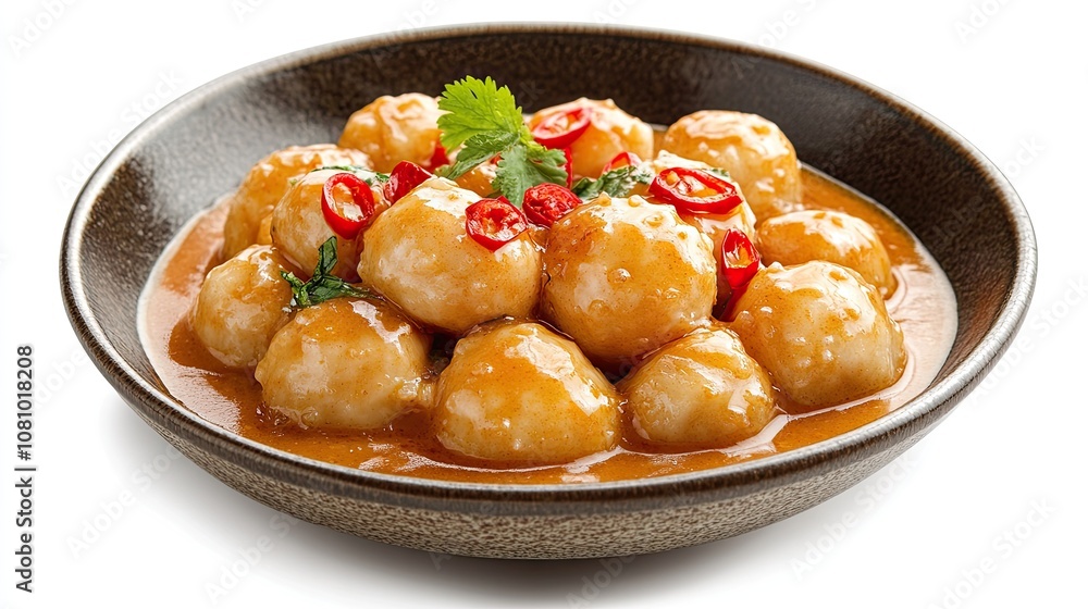 Fishballs in coconut curry sauce, isolated on a white background, highlighting the richness and color Fishballs in coconut curry sauce, isolated on a white background, highlighting the richness and color