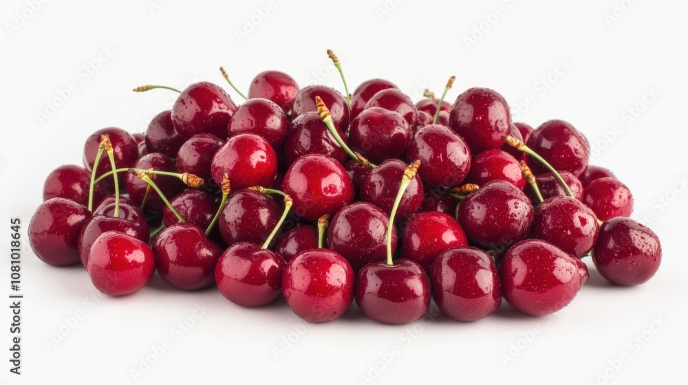 A Heap of Shiny Red Cherries with Green Stems on a White Background A Heap of Shiny Red Cherries with Green Stems on a White Background