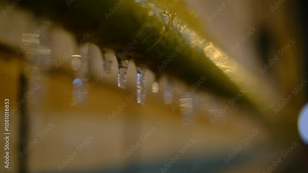 Macro. moving. Icicle on drain pipe of the building. close up Macro. moving. Icicle on drain pipe of the building. close up
