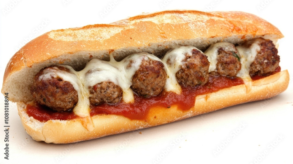 Meatball sandwich with melted cheese and sauce, isolated on white, capturing a delicious, casual meal Meatball sandwich with melted cheese and sauce, isolated on white, capturing a delicious, casual meal