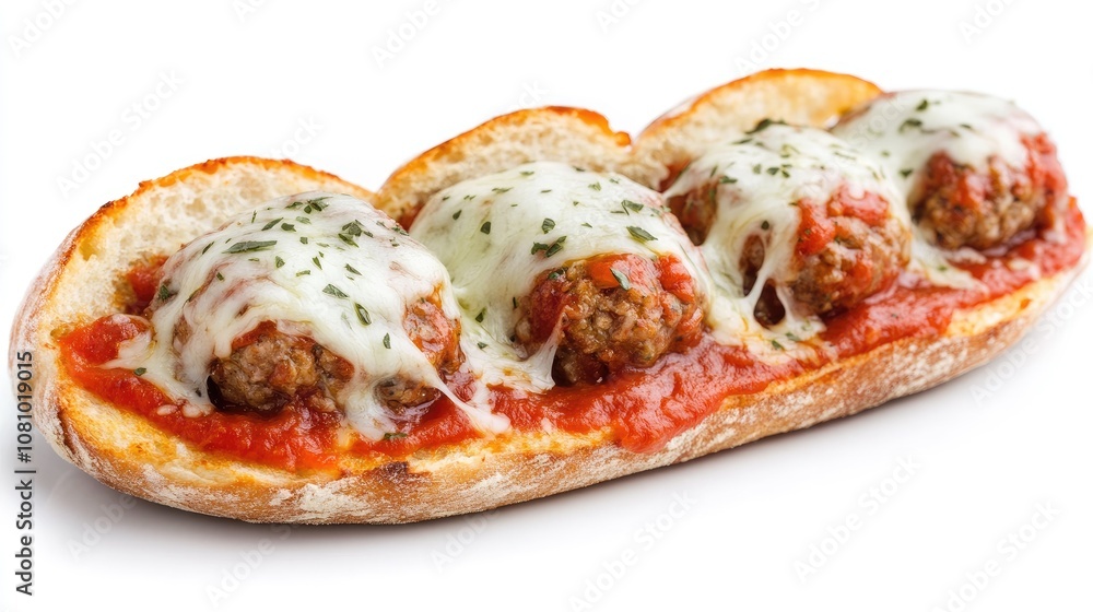 Meatball sandwich with melted cheese and sauce, isolated on white, capturing a delicious, casual meal Meatball sandwich with melted cheese and sauce, isolated on white, capturing a delicious, casual meal