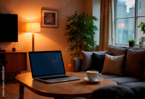 Wallpaper Mural Cozy living room with a laptop and coffee cup on a wooden table in soft evening light Torontodigital.ca