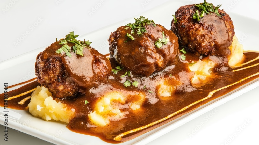 Meatballs with mashed potatoes and gravy, isolated on white, creating a comforting and hearty food display Meatballs with mashed potatoes and gravy, isolated on white, creating a comforting and hearty food display