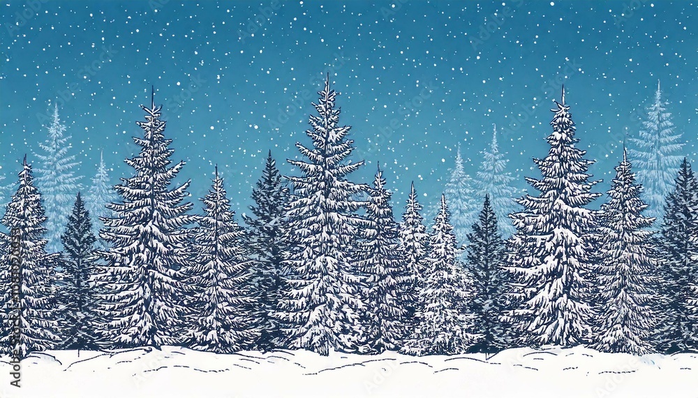 Obraz premium Christmas. Winter background. Winter Forest background. Pine, spruce, christmas tree. Snowy graphic trees seamless pattern panorama view. hand drawing. 