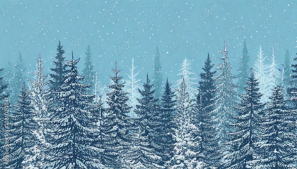 Obraz premium Christmas. Winter background. Winter Forest background. Pine, spruce, christmas tree. Snowy graphic trees seamless pattern panorama view. hand drawing. 
