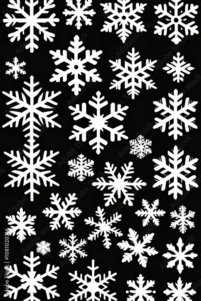 White snowflakes falling on dark background creating winter atmosphere White snowflakes falling on dark background creating winter atmosphere