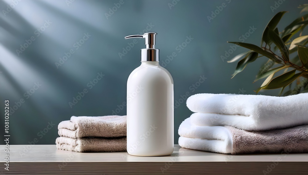 Blank white liquid soap container on wooden tabletop with towels and green leaves, copy text space, product mockup Blank white liquid soap container on wooden tabletop with towels and green leaves, copy text space, product mockup