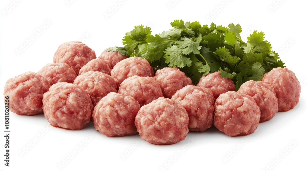 Porkballs arranged with fresh cilantro, isolated on white for a clean and appetizing presentation Porkballs arranged with fresh cilantro, isolated on white for a clean and appetizing presentation