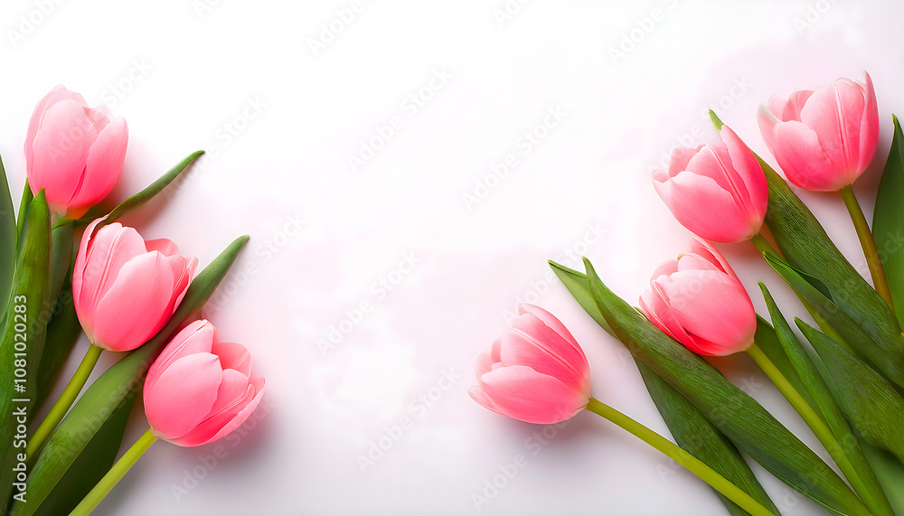 Fresh pink tulips on white background, mother's day or women's day theme Fresh pink tulips on white background, mother's day or women's day theme