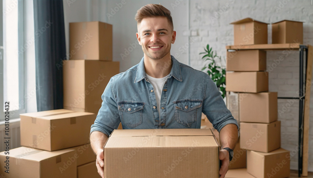 Young happy Caucasian man holding big cardboard box standing in living room. Concept of moving to new house, apartment, office. Young happy Caucasian man holding big cardboard box standing in living room. Concept of moving to new house, apartment, office.