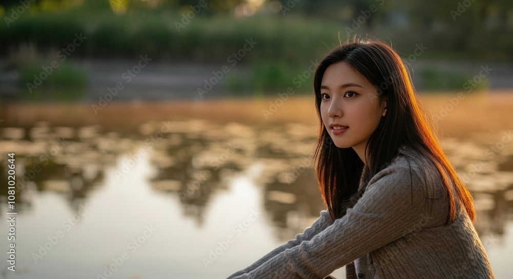 Naklejka premium Serene sunset portrait of young woman the water