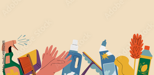 A banner for the cleaning service. The concept of household and cleaning tools for web.