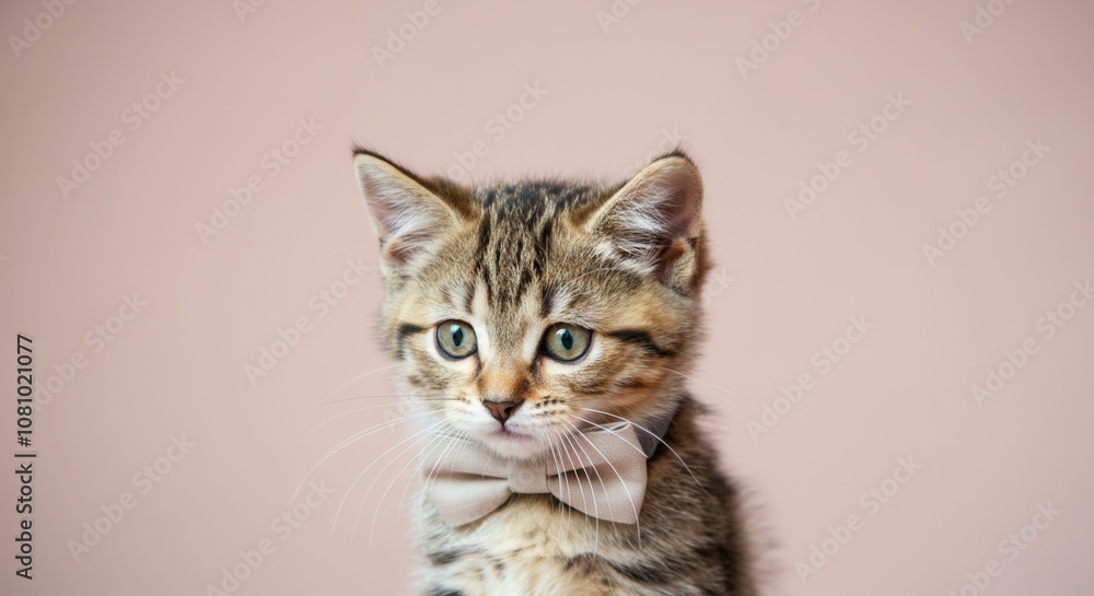 Cute kitten with white bow tie on pink background Cute kitten with white bow tie on pink background