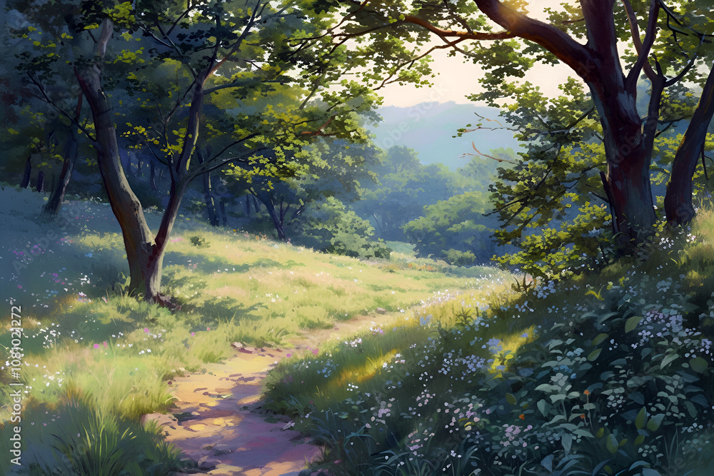 Fototapeta premium Forest Path Illustration - Sunlight Through the Trees