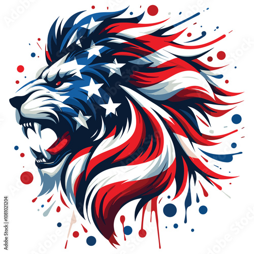 Patriotic lion head illustration in red, white, and blue, dynamic artwork, represents strength