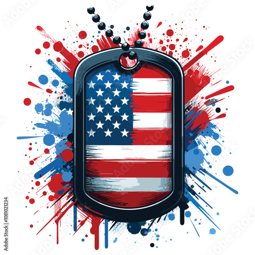 American flag dog tag vector illustration, vibrant splatter art, patriotic graphic design