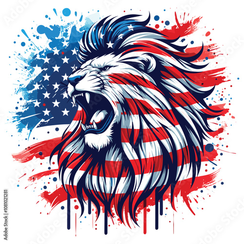 Roaring patriotic lion, American flag theme, vibrant colors, bold symbolism, t-shirt design