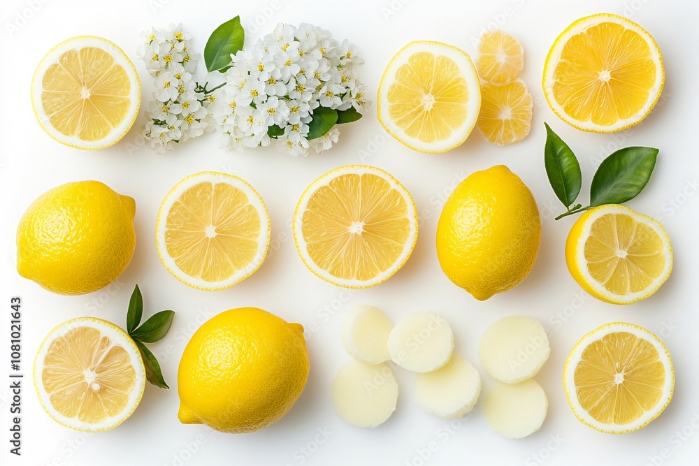 Fototapeta premium Vibrant yellow lemons, both whole and halved, are displayed with lemon soap and delicate white blossoms on a clean white background
