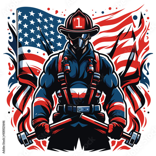 Heroic firefighter illustration with American flag, bold colors, symbolizing bravery