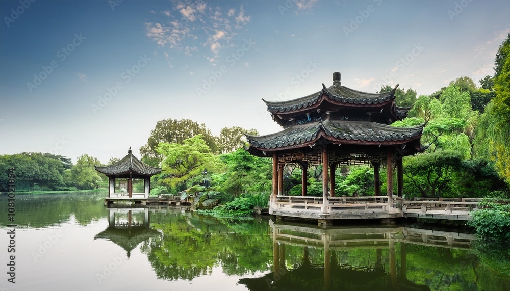 Traditional Chinese Pavilions in Hangzhou’s West Lake Surrounded by Lush Gardens and Reflective Waters, Creating a Serene Cultural Landscape Perfect for Peaceful Meditation and Photography
