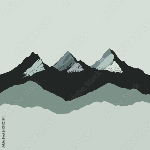 Trendy pattern hand-drawn silhouette of mountain ranges in shades of gray and green, nature landscape, vector illustration, outdoor theme, landscape art, eco-conscious design photo